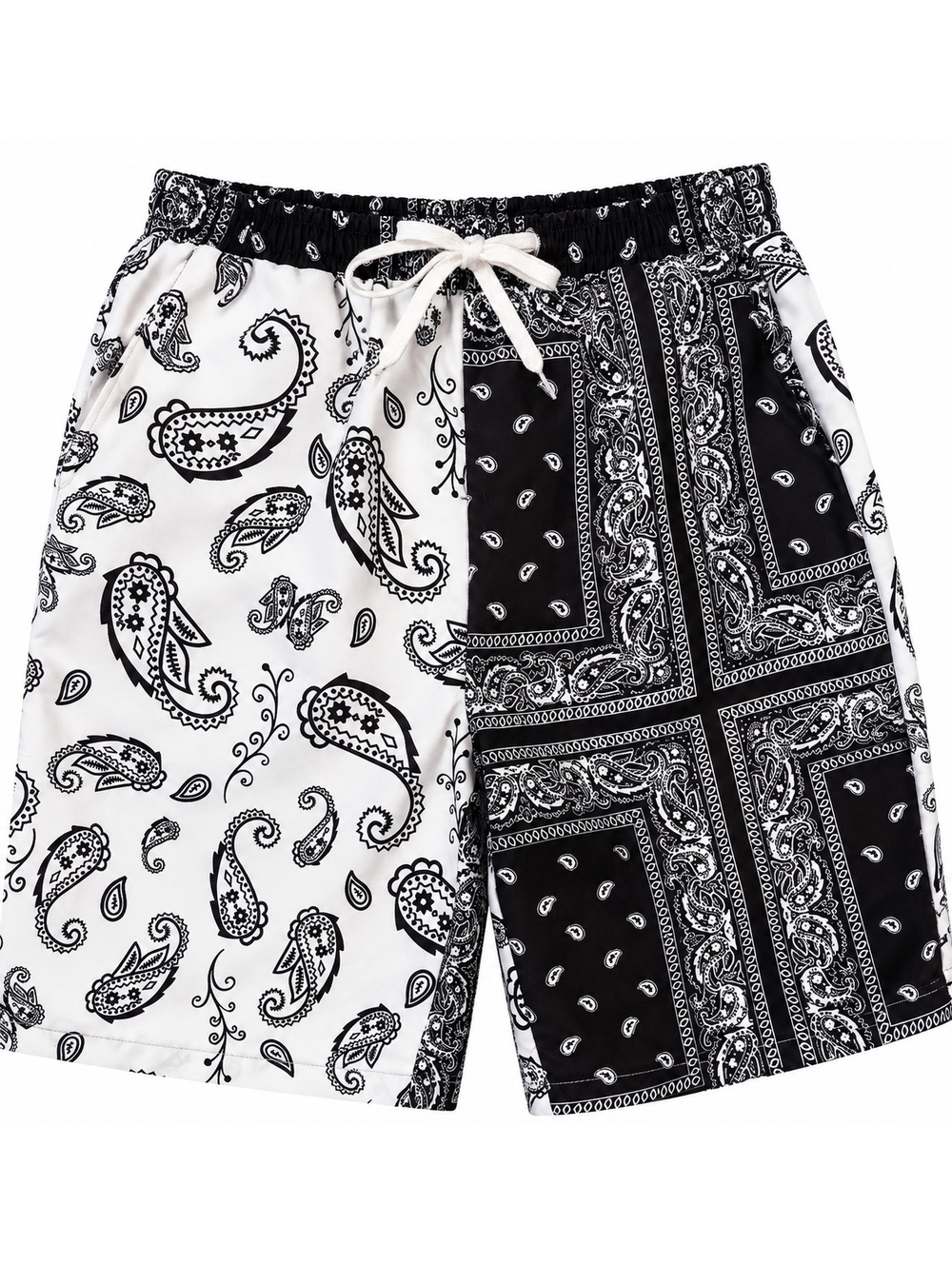 Boys 12Y Black White Bandana Paisley Split Print Drawstring Shorts